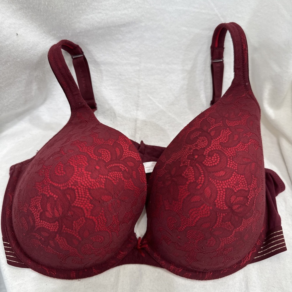 Cacique Lace Underwire boost plunge Bra Burgundy 40 F Padded Adjustable Strap